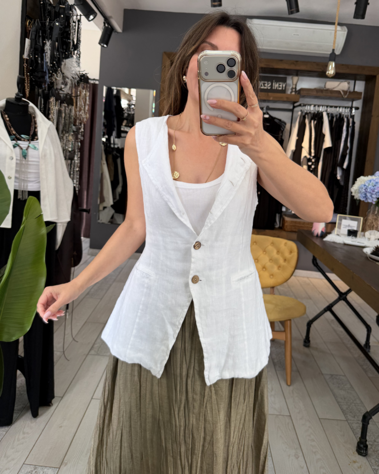 Uzun Keten Yelek(beyaz)