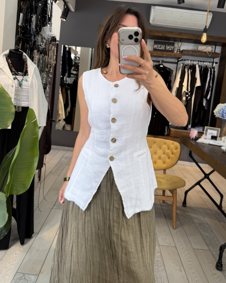 Uzun Keten Yelek(beyaz)