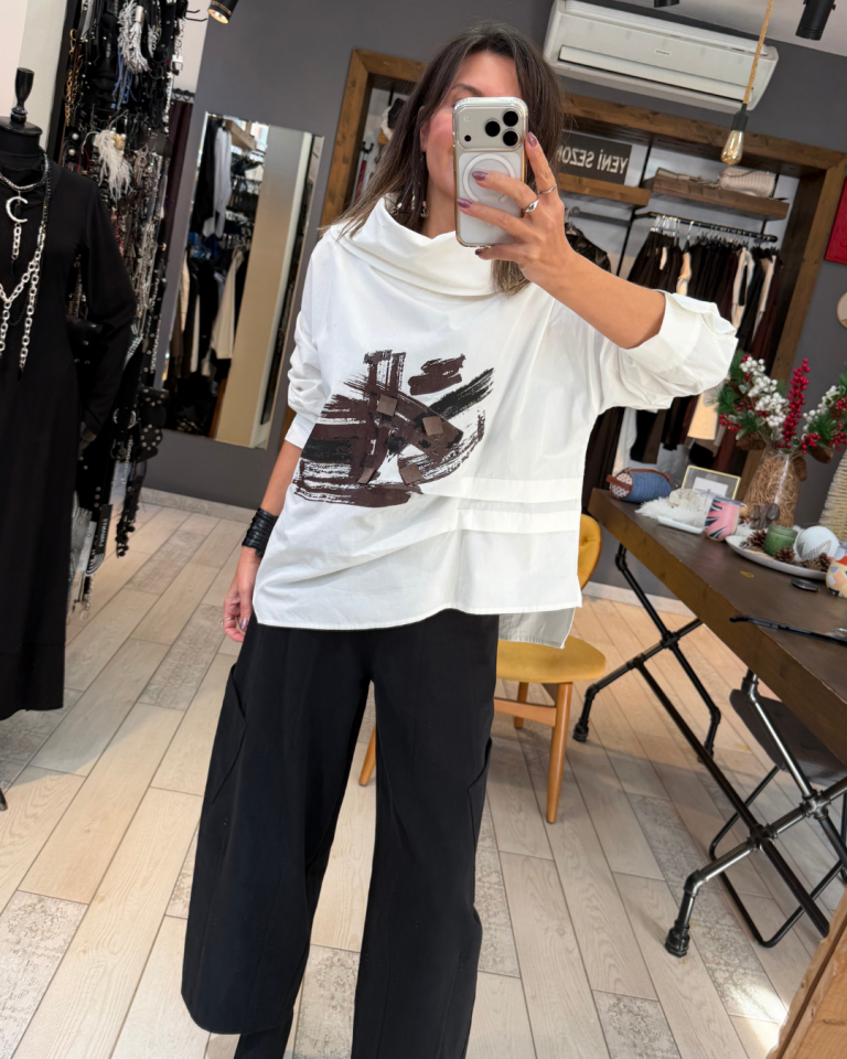 Degaje Yaka  Baskılı Tasarım Gömlek (beyaz)