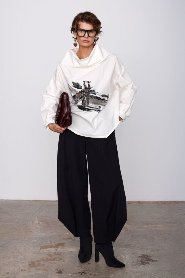 Degaje Yaka  Baskılı Tasarım Gömlek (beyaz)