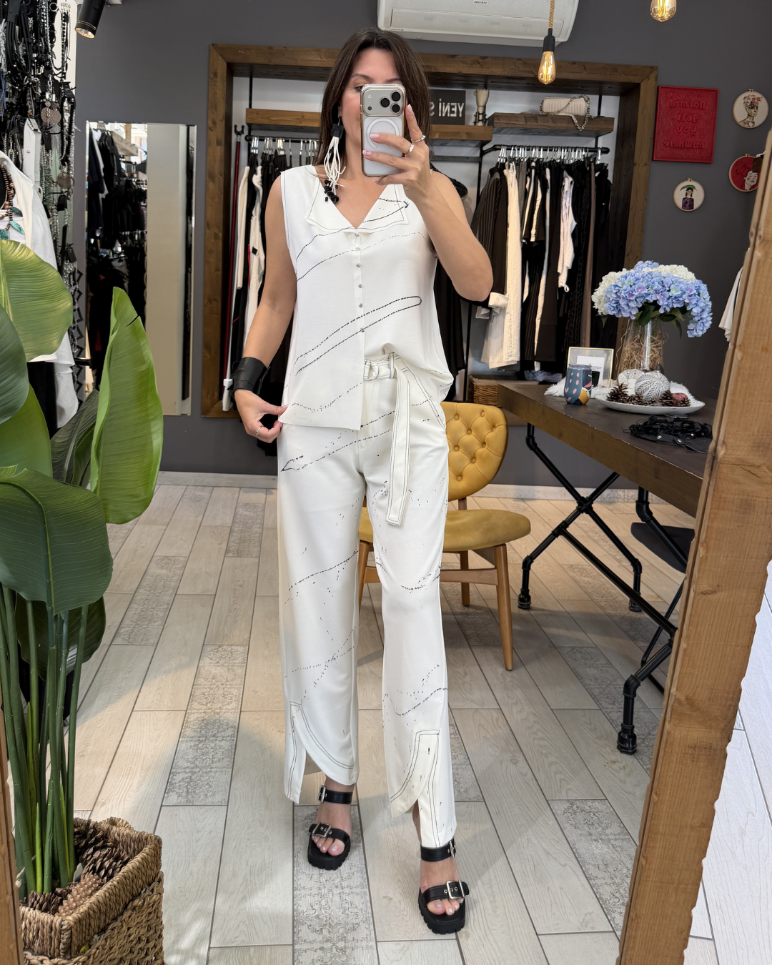 Mila Desenli Rahat Pantolon (beyaz)