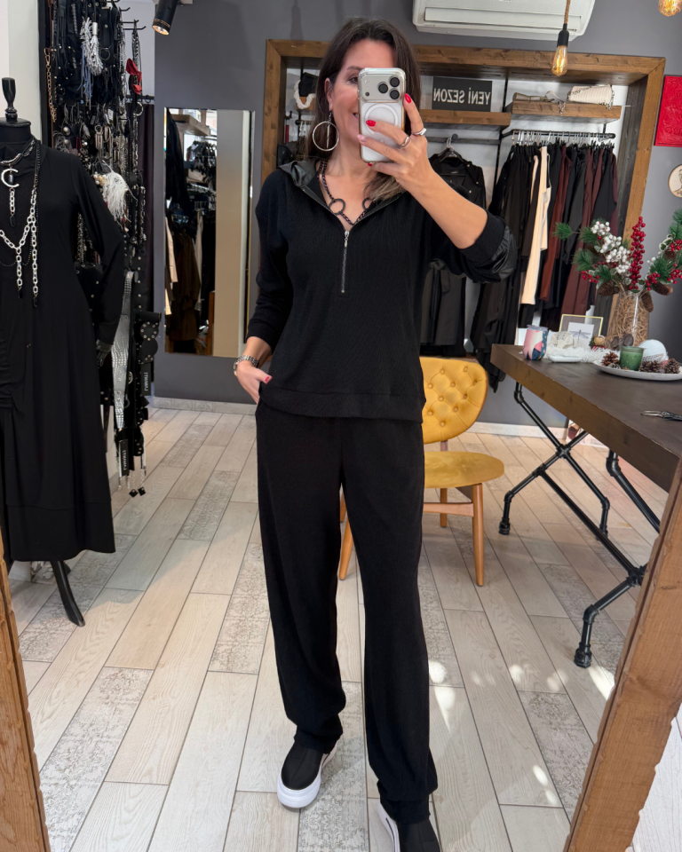 Paraşüt Kumaş Miksli Triko Bluz (siyah)