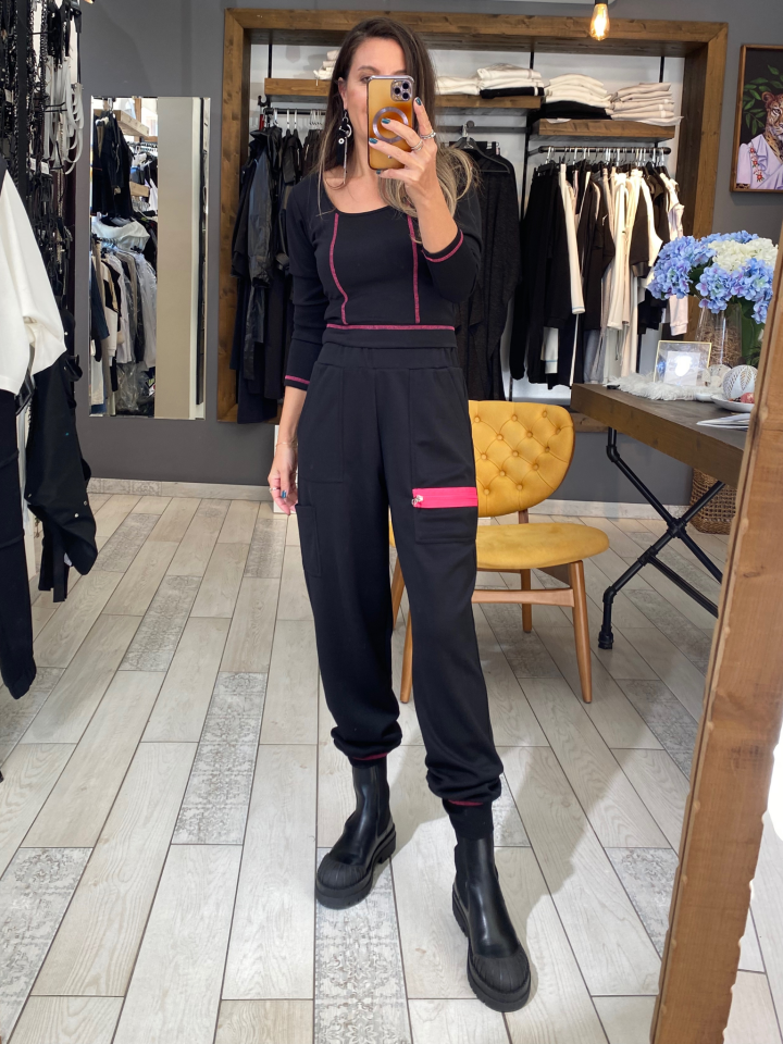 Rozi Pembe Kontrast Dikişli Modal Bluz