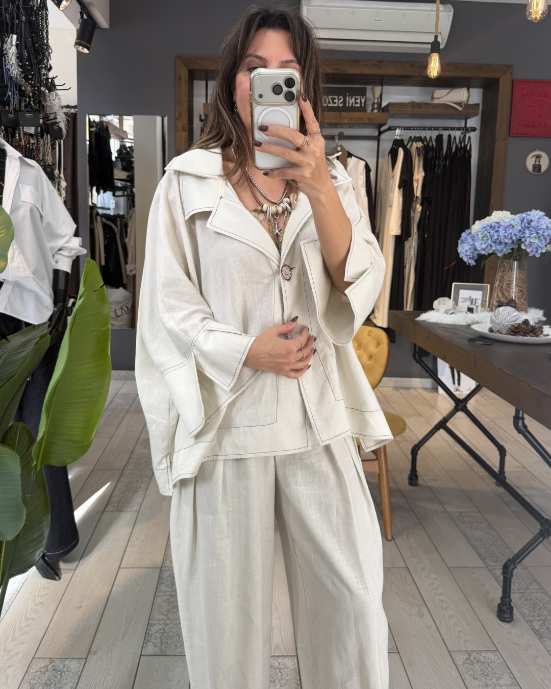 Talia Keten Gömlek / Ceket (kum rengi)