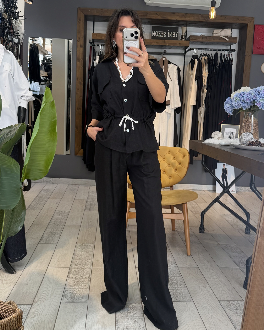 Lora Keten Palazzo Pantolon (siyah)