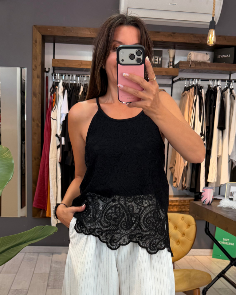 Emma Askılı Dantel Bluz (Siyah)