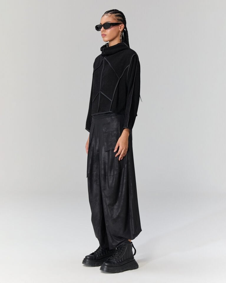 Pia Deri Şeritli Triko Bluz (Siyah)