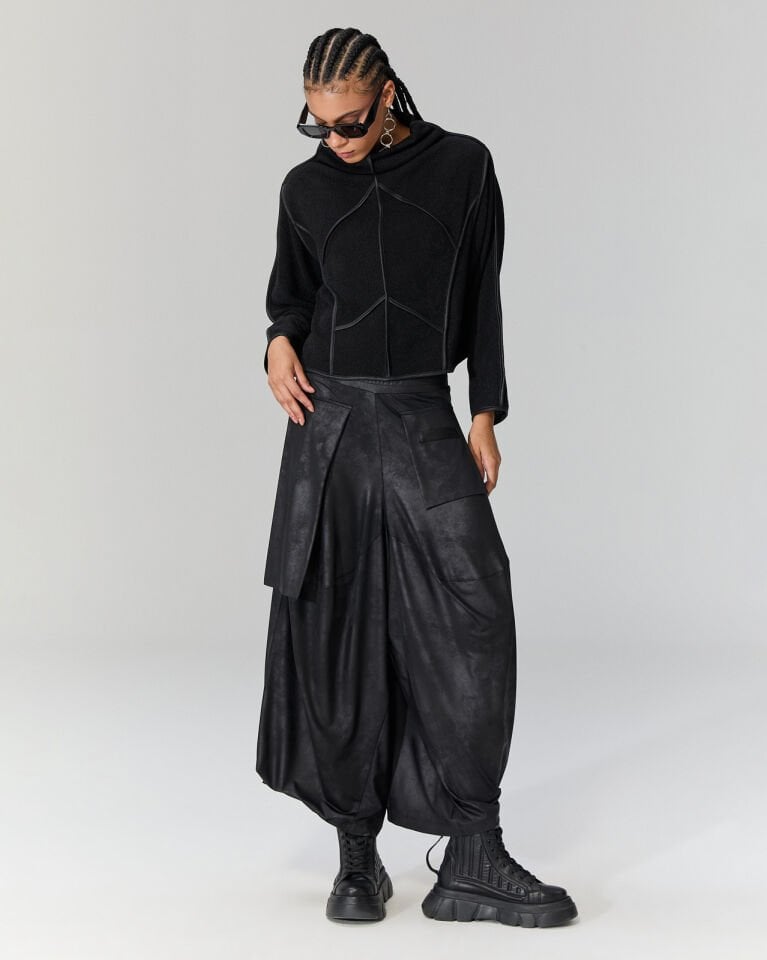 Pia Deri Şeritli Triko Bluz (Siyah)