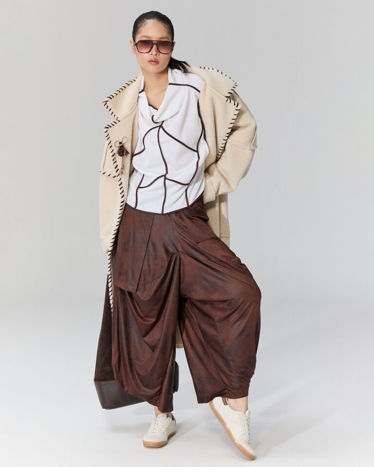 Pia Deri Şeritli Triko Bluz (Beyaz)