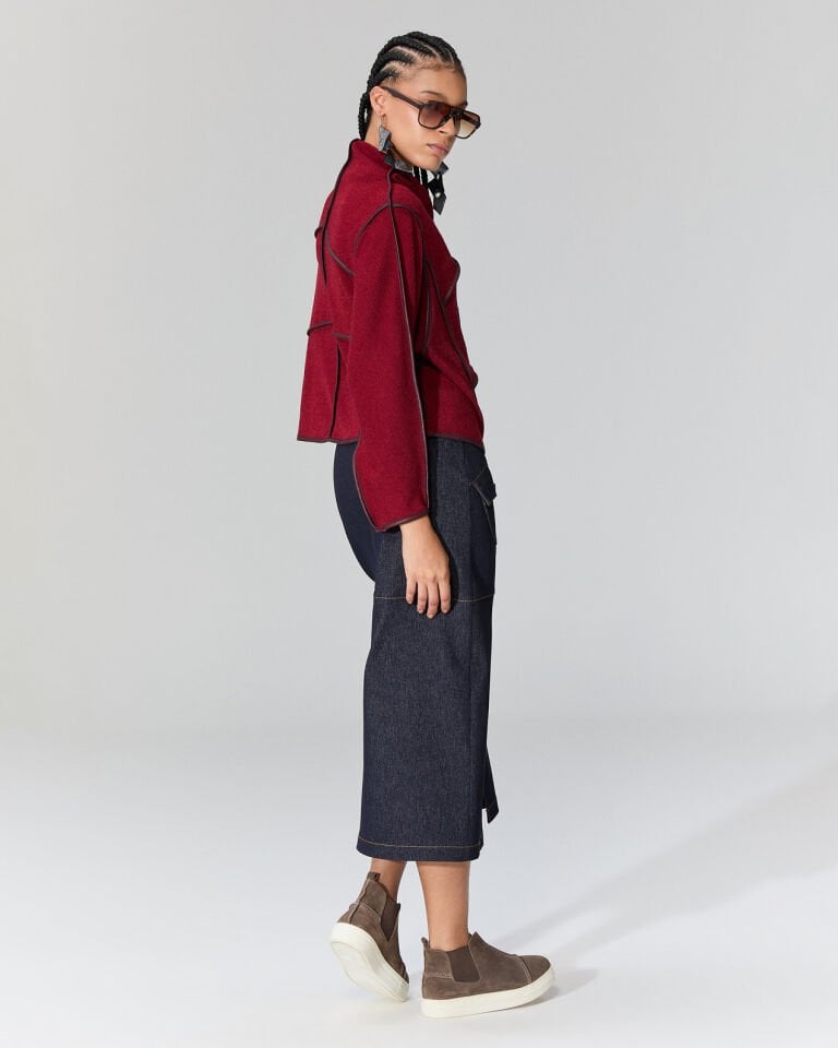 Pia Deri Şeritli Triko Bluz (Bordo)