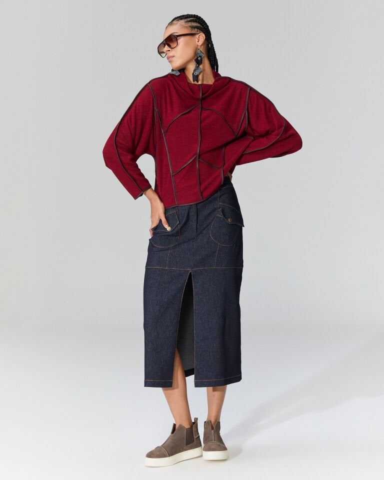 Pia Deri Şeritli Triko Bluz (Bordo)