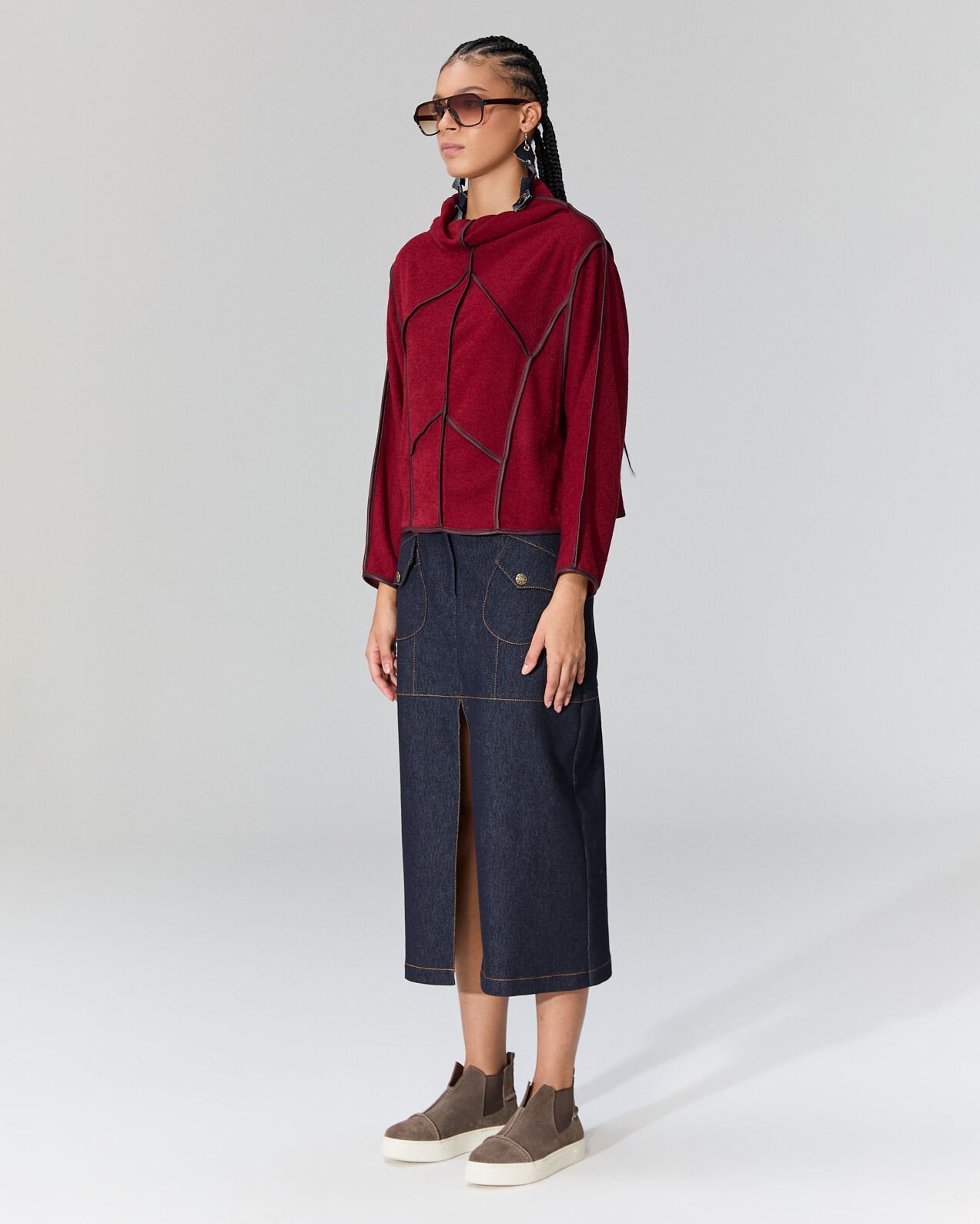 Pia Deri Şeritli Triko Bluz (Bordo)